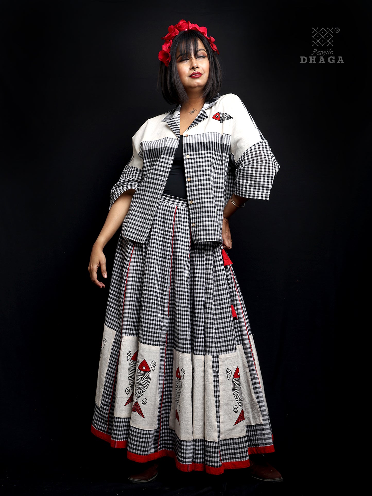 Rangila Dhaga Monochrome Check Skirt with Hand-Painted Fish Motifs