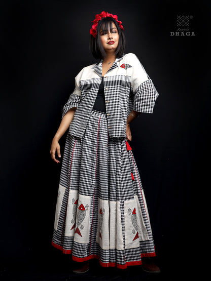 Rangila Dhaga Monochrome Check Skirt with Hand-Painted Fish Motifs