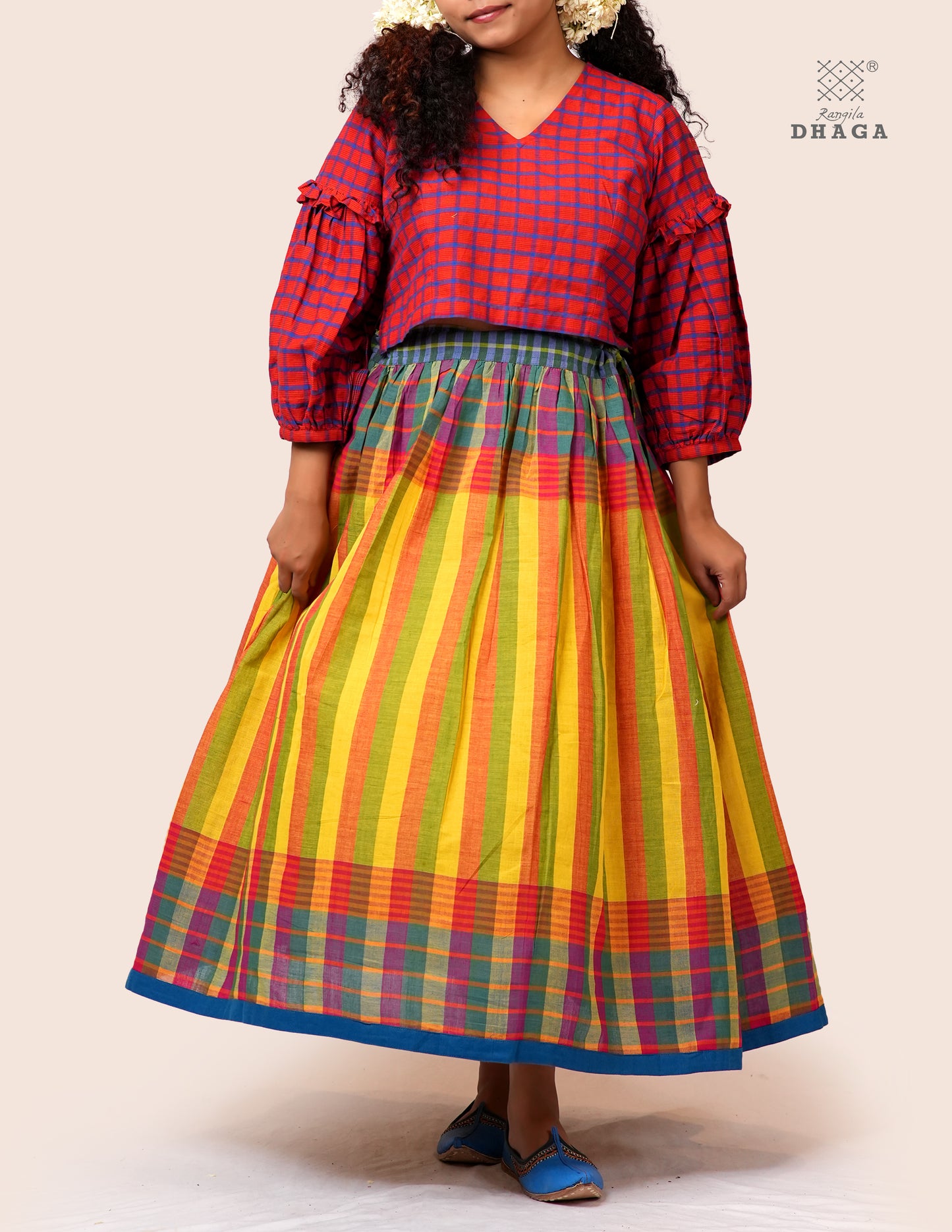 Handloom Gamcha Pleated  Skirt  | Multicolor | Rangila Dhaga   - GS003