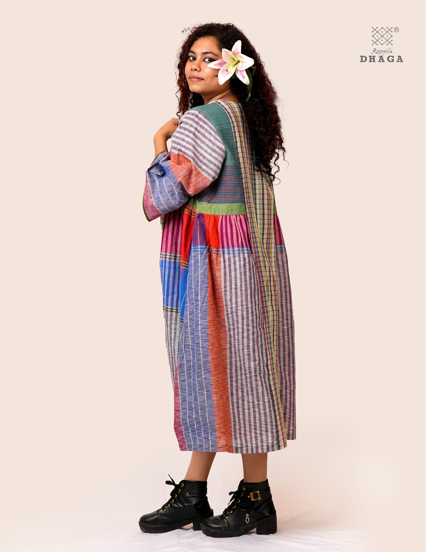 Hand Embroidered Multicolor Handloom Gamcha Dress | Artisan Cotton Dress | Rangila Dhaga | Rangila Dhaga KD005