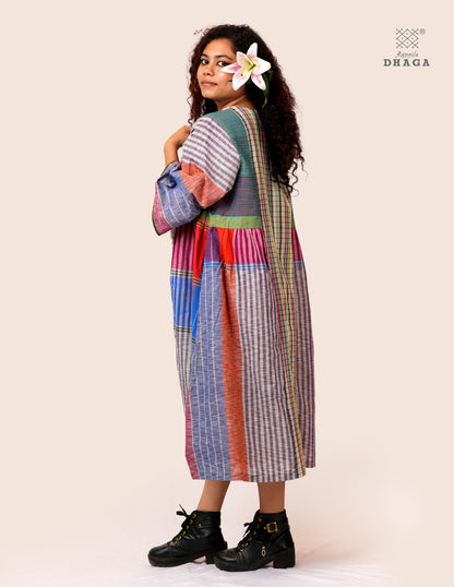 Hand Embroidered Multicolor Handloom Gamcha Dress | Artisan Cotton Dress | Rangila Dhaga | Rangila Dhaga KD005