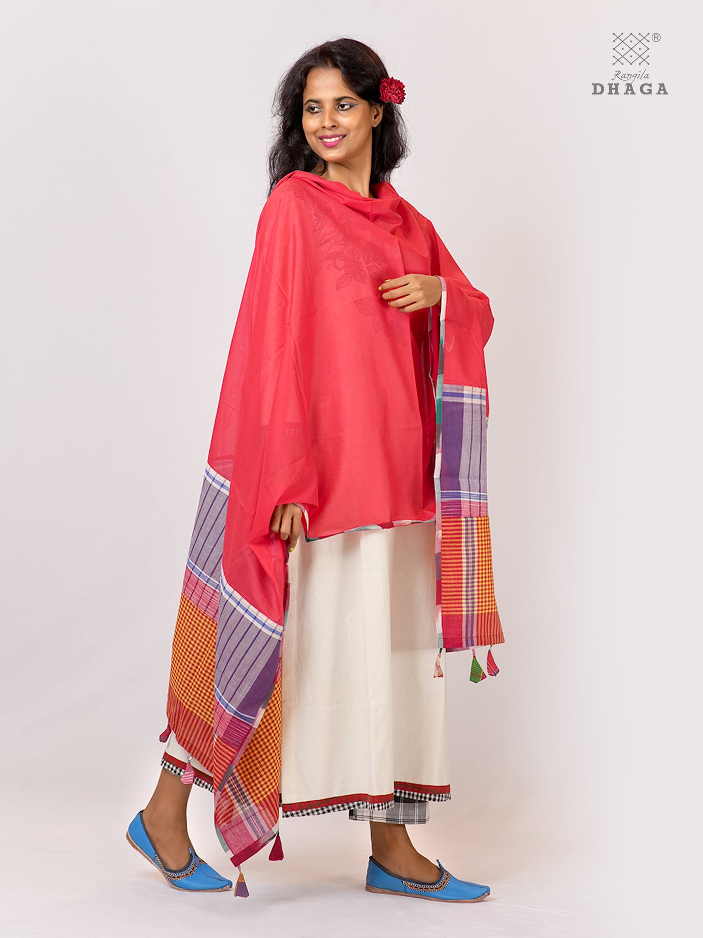 Handloom Gamcha Patchwork Mul Cotton Dupatta | RaniPink Artisan Dupatta with Tassels (2.5m) GD030