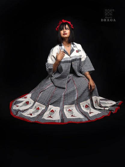 Rangila Dhaga Monochrome Check Skirt with Hand-Painted Fish Motifs