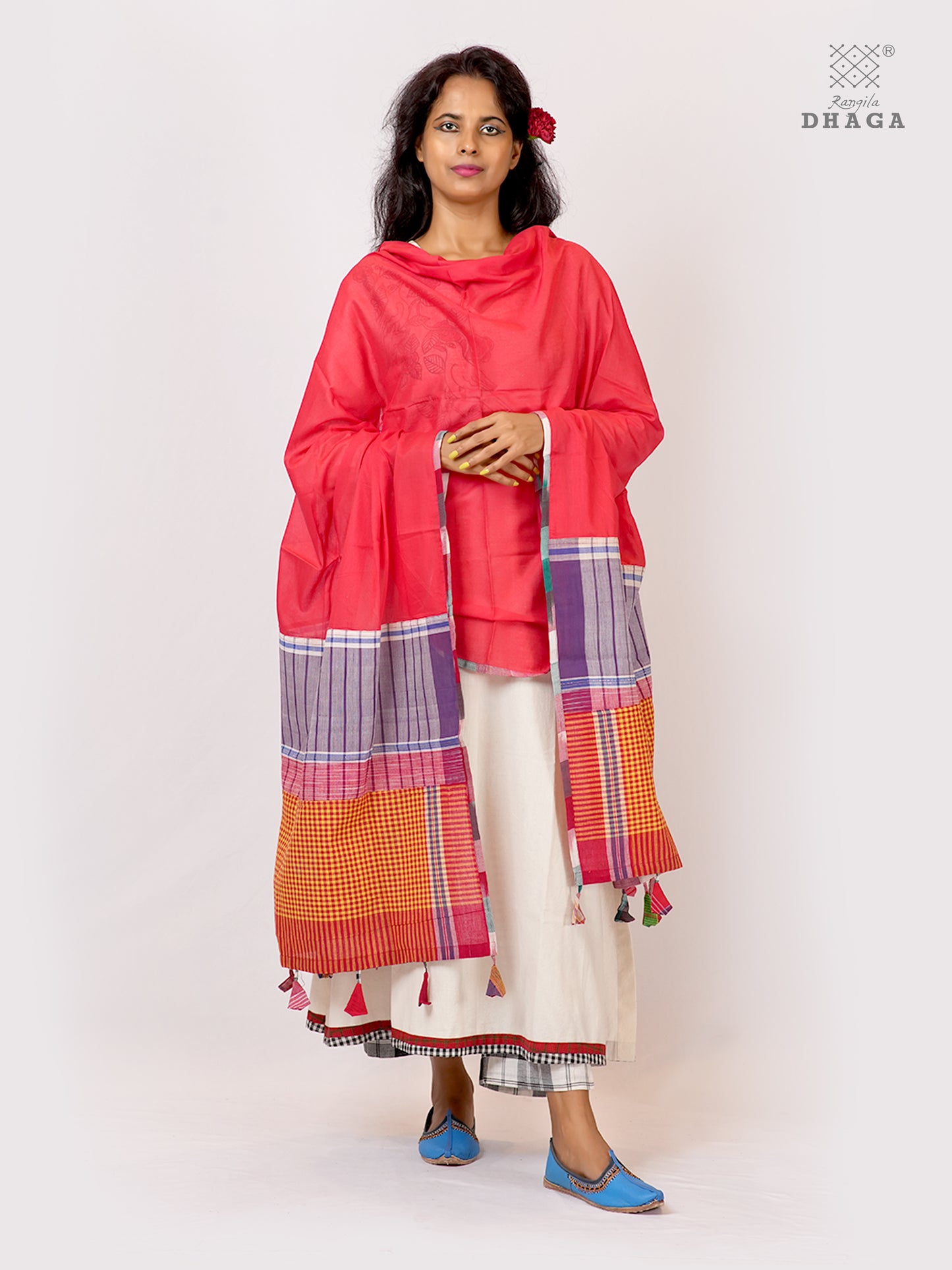 Handloom Gamcha Patchwork Mul Cotton Dupatta | RaniPink Artisan Dupatta with Tassels (2.5m) GD030