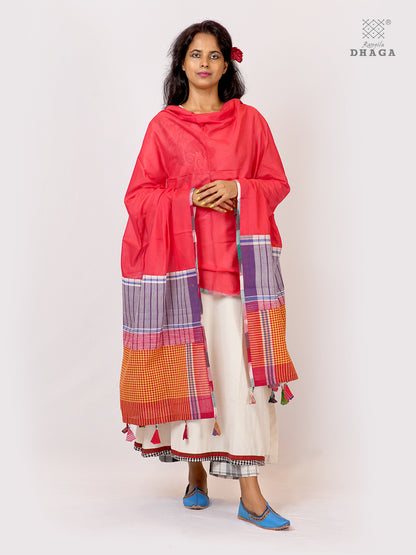 Handloom Gamcha Patchwork Mul Cotton Dupatta | RaniPink Artisan Dupatta with Tassels (2.5m) GD030