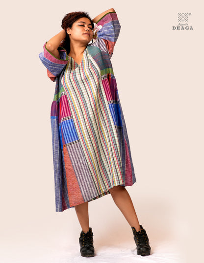 Hand Embroidered Multicolor Handloom Gamcha Dress | Artisan Cotton Dress | Rangila Dhaga | Rangila Dhaga KD005