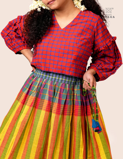 Handloom Gamcha Pleated  Skirt  | Multicolor | Rangila Dhaga   - GS003