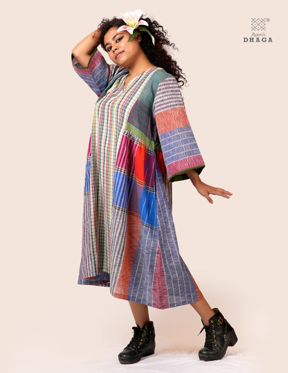 Hand Embroidered Multicolor Handloom Gamcha Dress | Artisan Cotton Dress | Rangila Dhaga | Rangila Dhaga KD005
