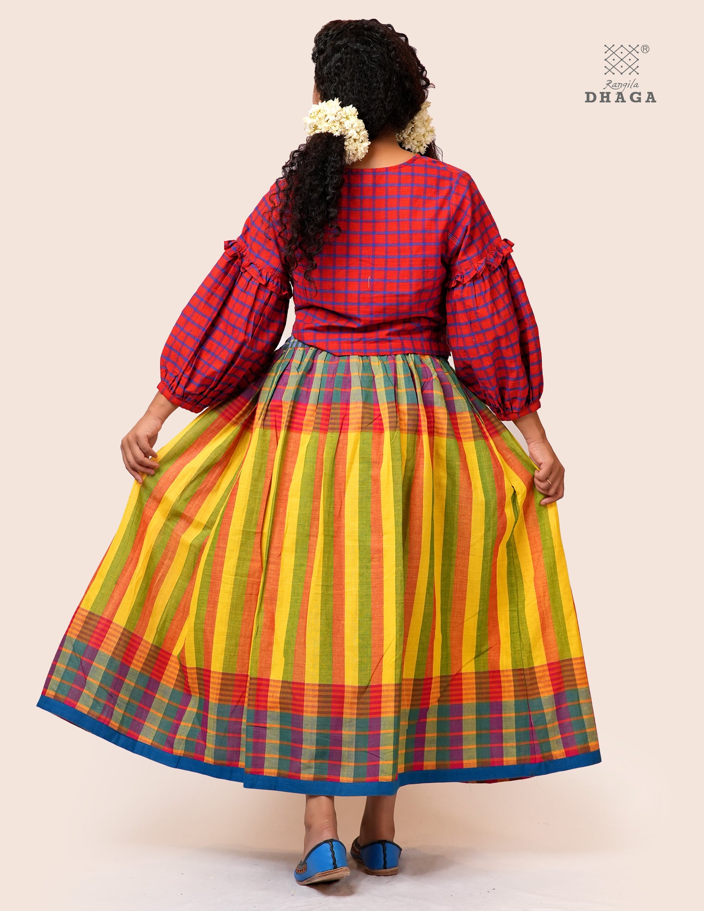 Handloom Gamcha Pleated  Skirt  | Multicolor | Rangila Dhaga   - GS003