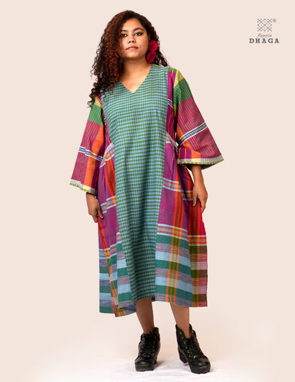 Hand Embroidered Multicolor Handloom Gamcha Dress | Artisan Cotton Dress | Rangila Dhaga | Rangila Dhaga KD006