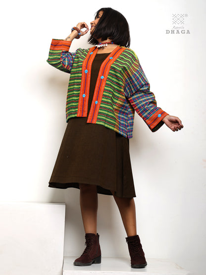 Handembroidered kantha stitch gamcha free size short jaket with hand embroidered flower desing border