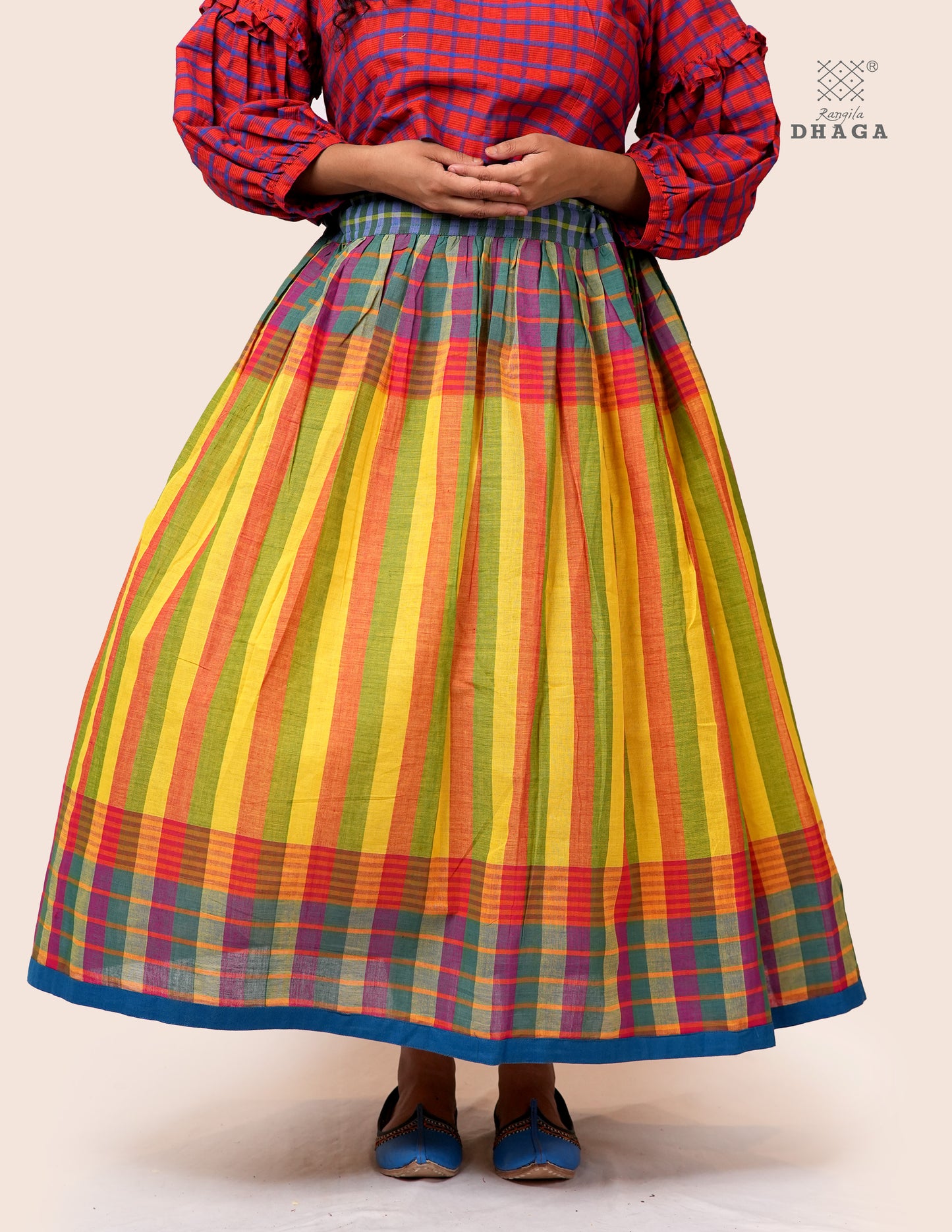 Handloom Gamcha Pleated  Skirt  | Multicolor | Rangila Dhaga   - GS003