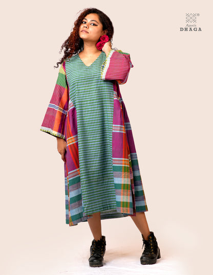 Hand Embroidered Multicolor Handloom Gamcha Dress | Artisan Cotton Dress | Rangila Dhaga | Rangila Dhaga KD006