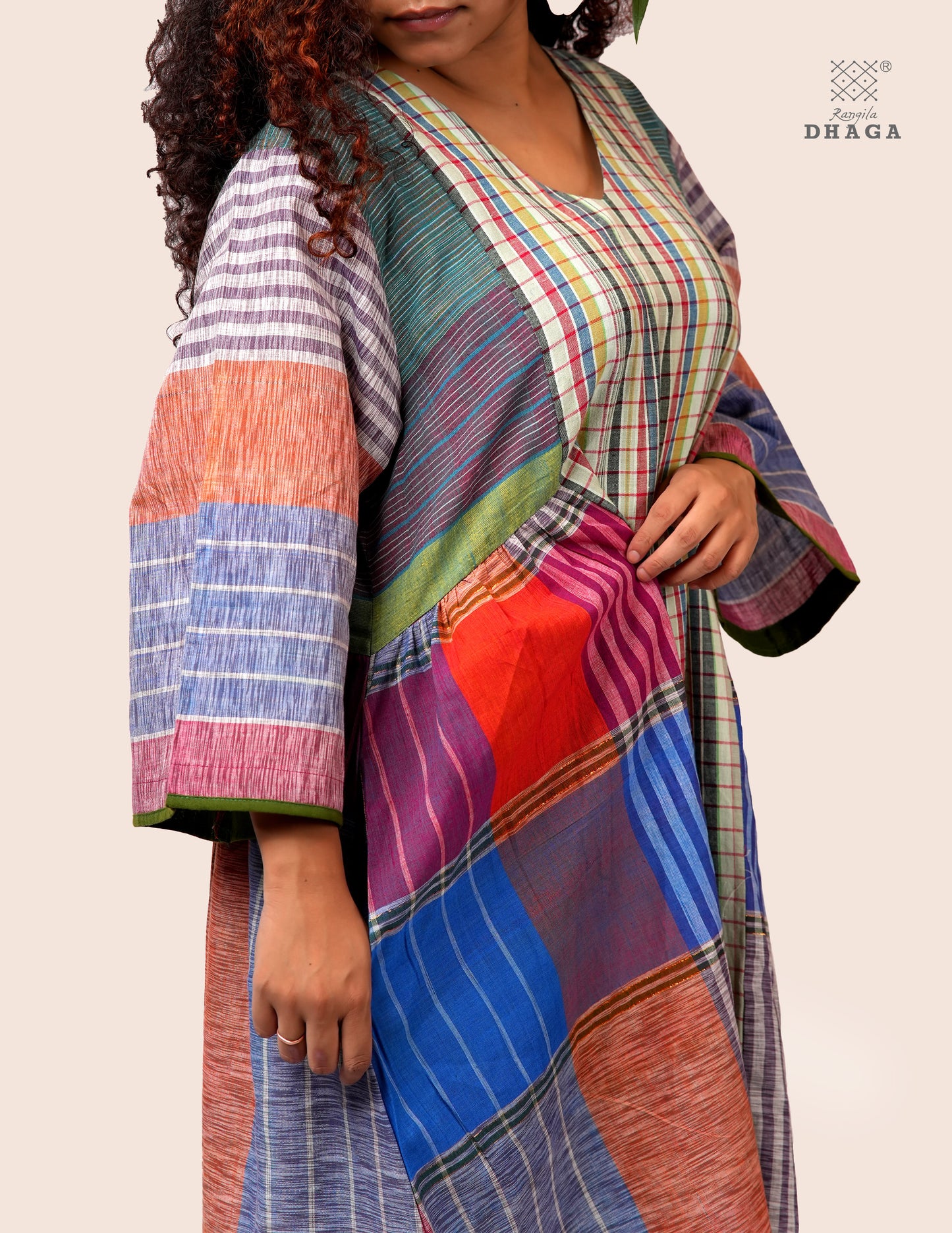 Hand Embroidered Multicolor Handloom Gamcha Dress | Artisan Cotton Dress | Rangila Dhaga | Rangila Dhaga KD005