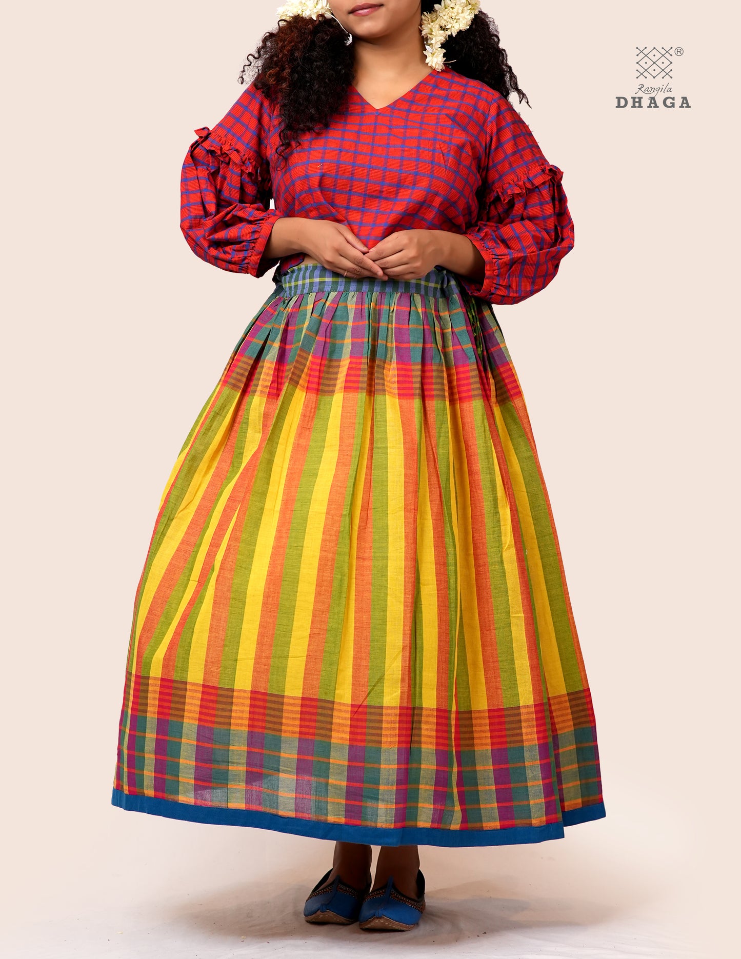 Handloom Gamcha Pleated  Skirt  | Multicolor | Rangila Dhaga   - GS003