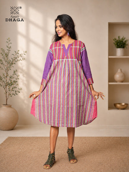 Handloom Gamcha Cotton Multicolour Dress with Pockets | Rangila Dhaga  K12