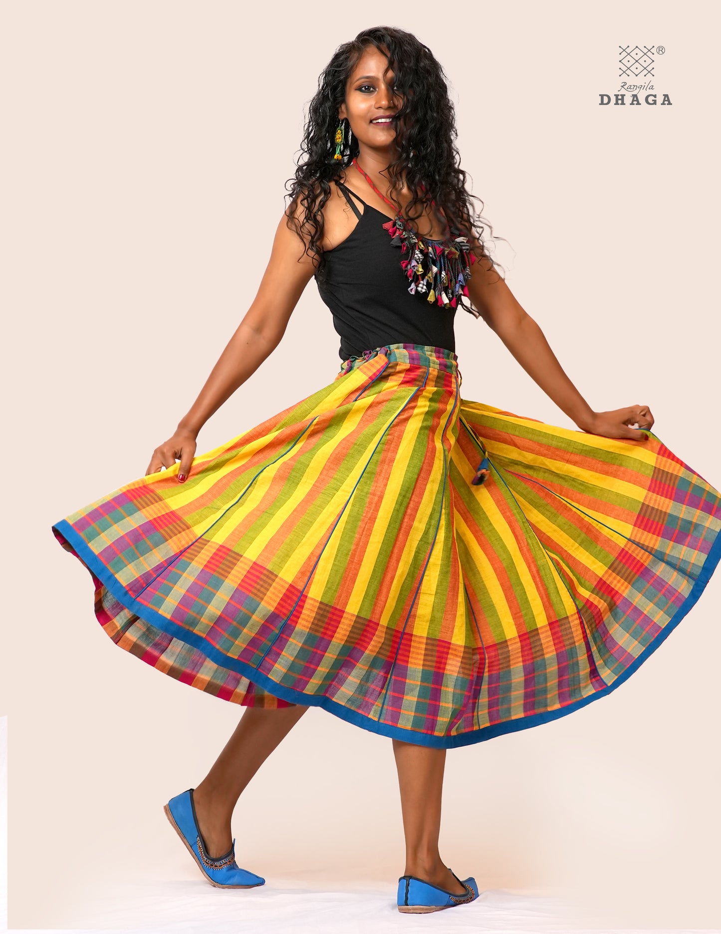 Handloom Gamcha Pleated  Skirt  | Multicolor | Rangila Dhaga   - GS002