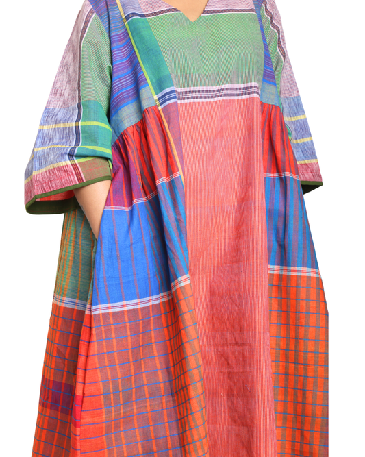 Handloom Cotton Gamcha Atrangi Multicolor Dress with Both Side Pockets