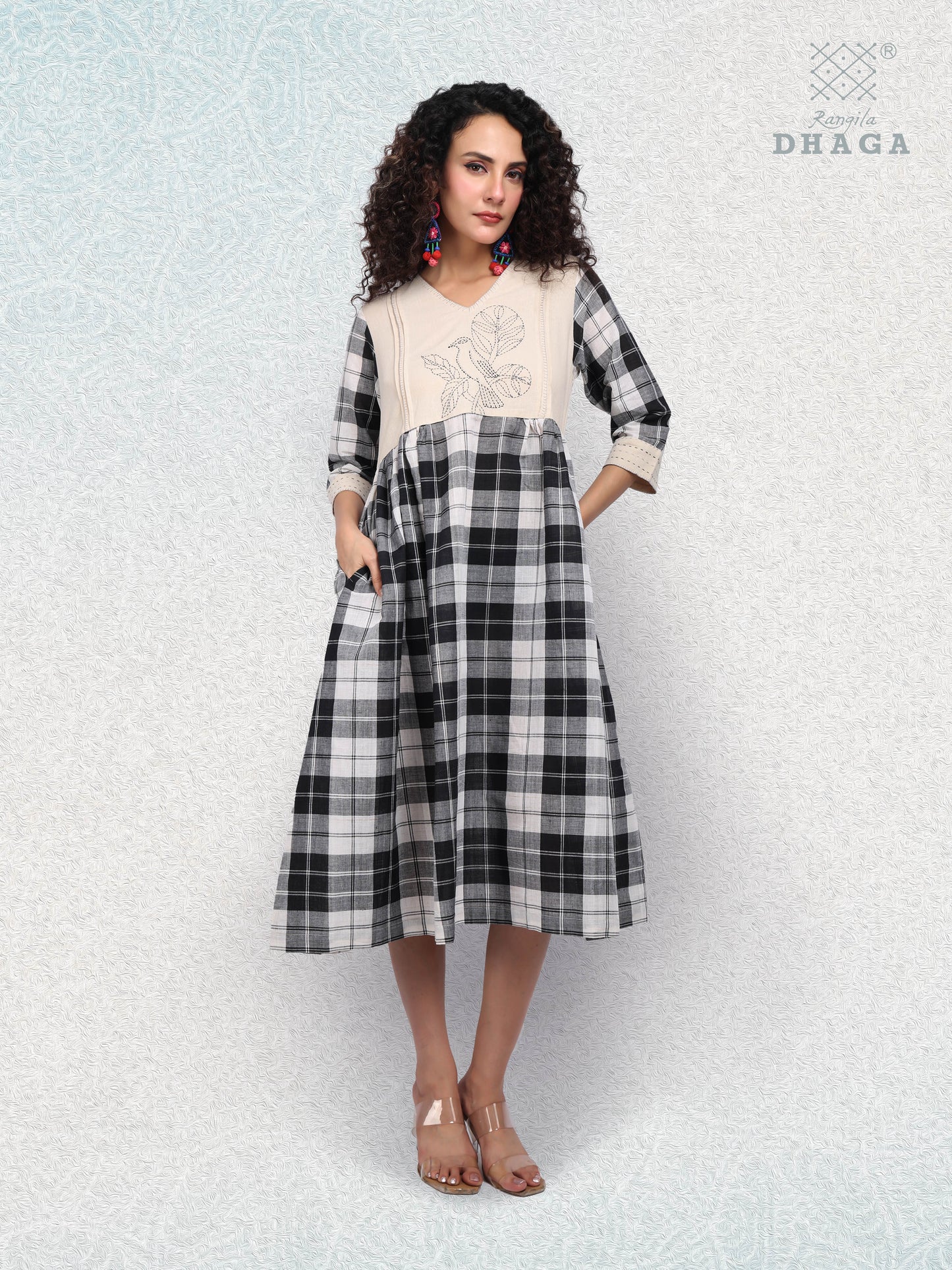 Monochrome Charm – Handloom Checkered Cotton Dress with Embroidered Bird & Pockets D43