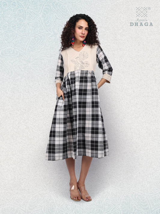 Monochrome Charm – Handloom Checkered Cotton Dress with Embroidered Bird & Pockets D43