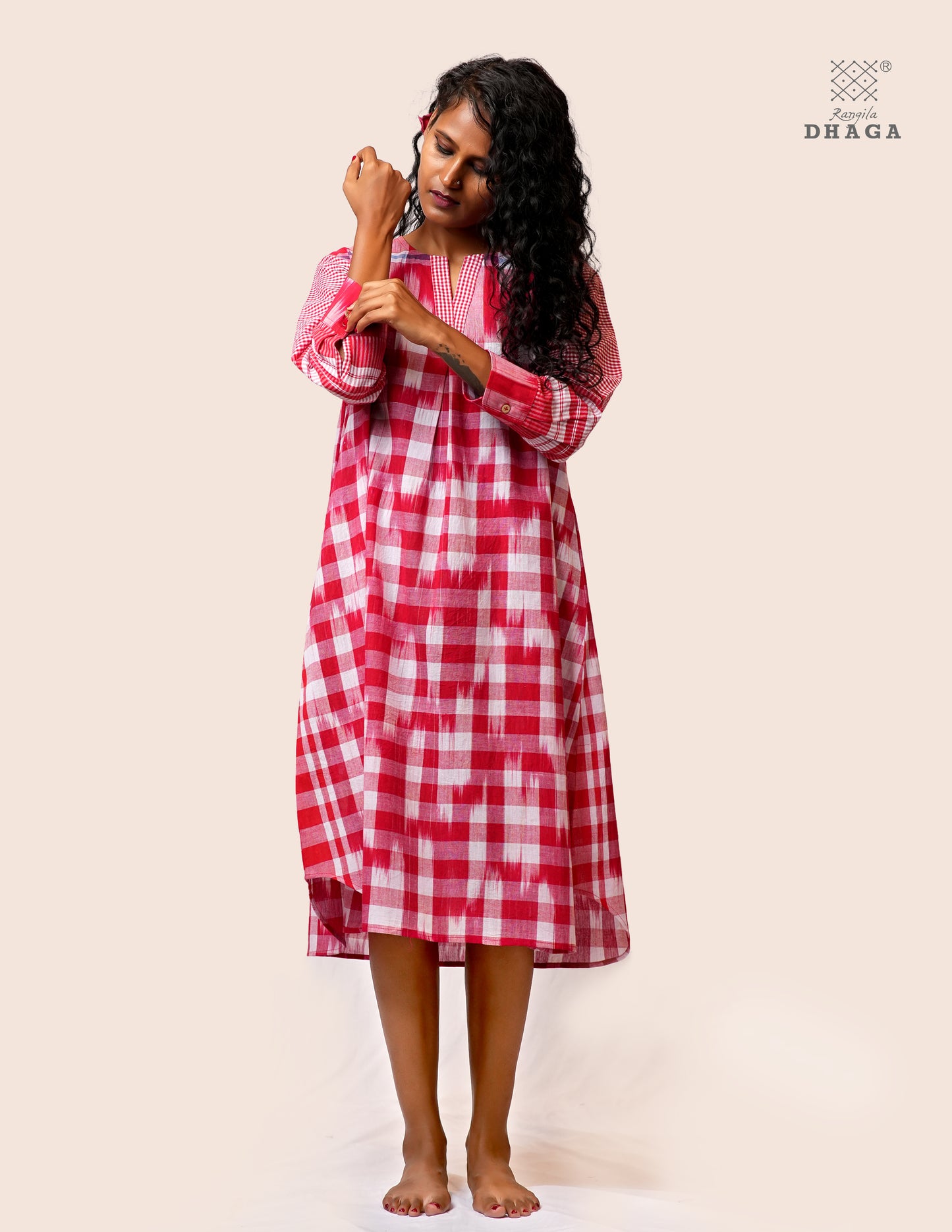 Red & White Handloom Kotki Gamcha Check Midi Dress | Pure Cotton | Rangila Dhaga KD001