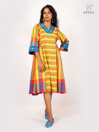 Handembroidered Handloom Gamcha Pintuck Yoke Gathered Dress | Artisan Cotton Dress with Pockets| Rangila Dhaga KD007