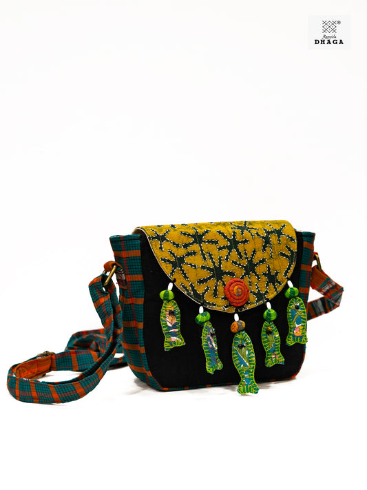 Sling Bag Gamcha And Ajrak Fabric Hand Embroided Fish Indigo  SL11