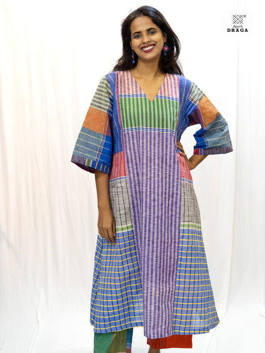 Multicolor Handloom Gamchha Free Size Dress with Pockets – Knee Length, Flared Fit D57
