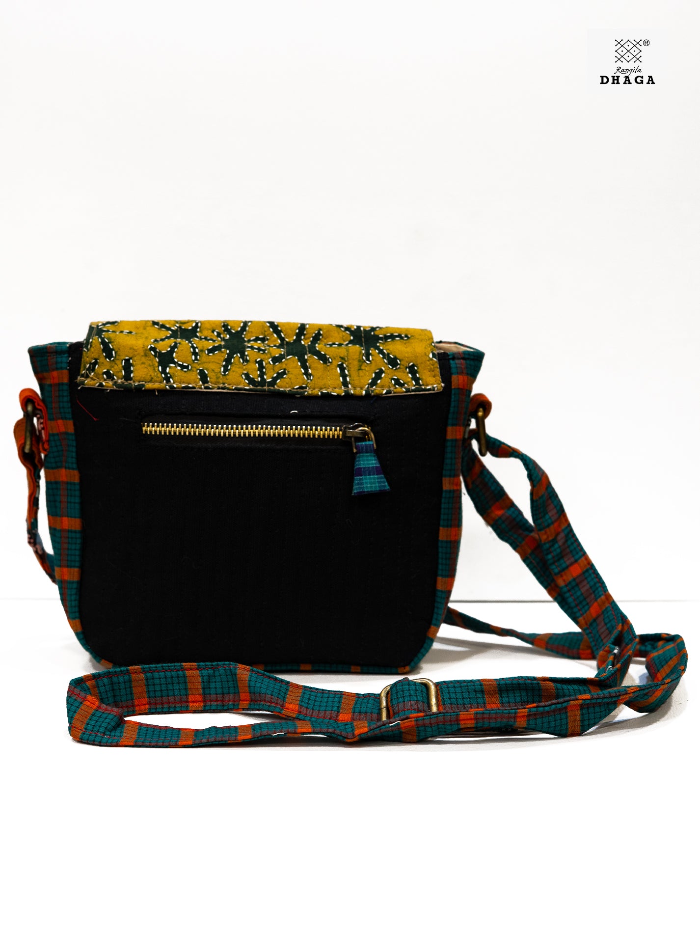 Sling Bag Gamcha And Ajrak Fabric Hand Embroided Fish Indigo  SL11