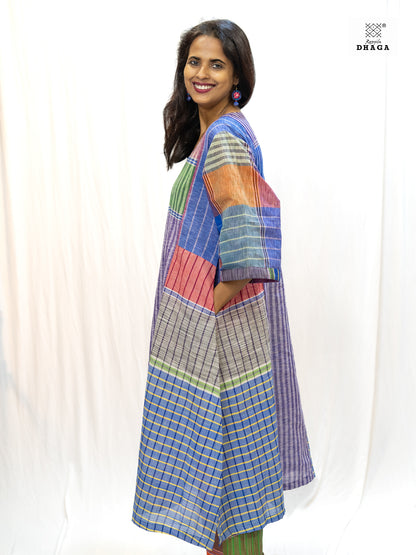 Multicolor Handloom Gamchha Free Size Dress with Pockets – Knee Length, Flared Fit D57