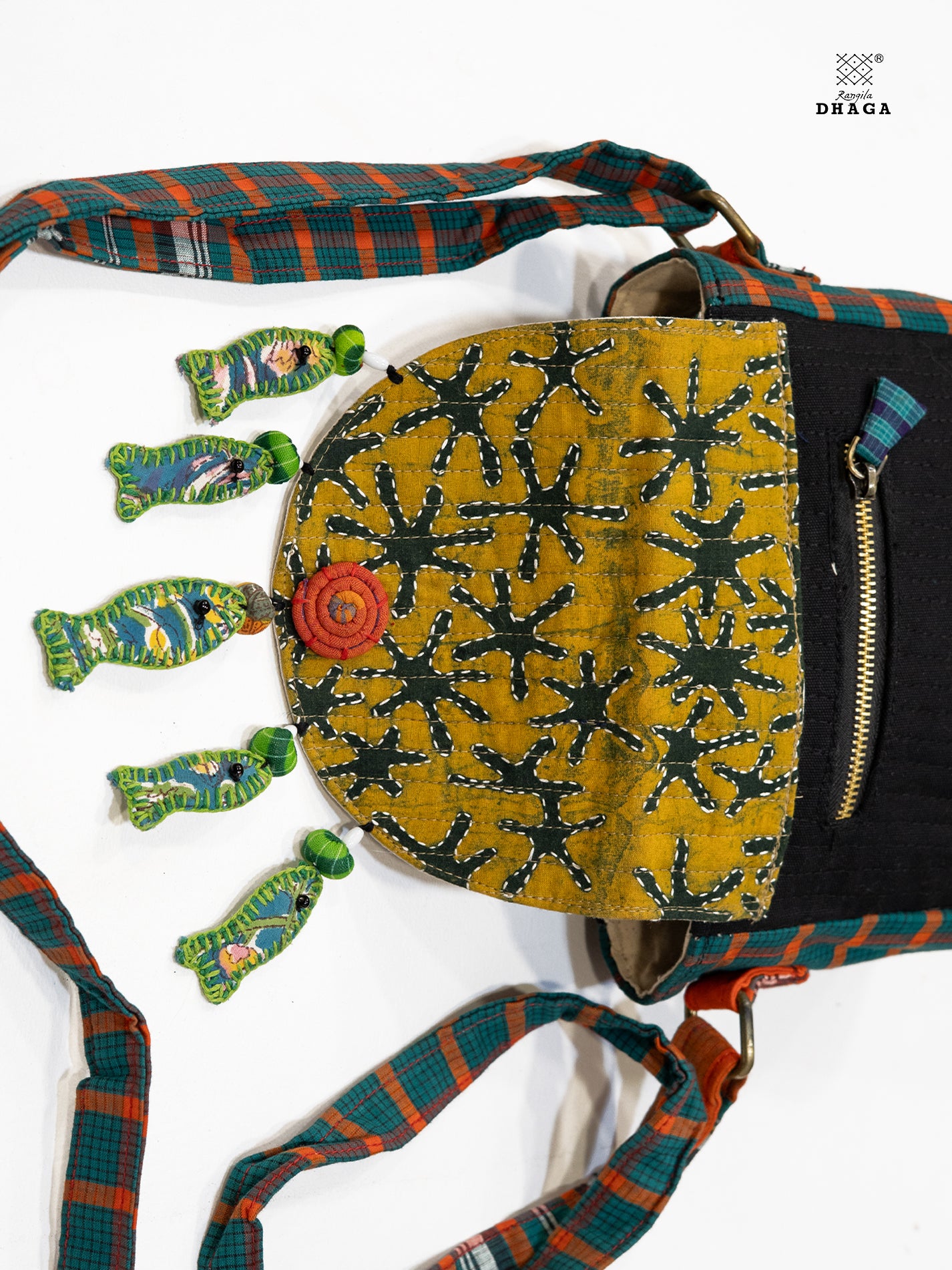 Sling Bag Gamcha And Ajrak Fabric Hand Embroided Fish Indigo  SL11