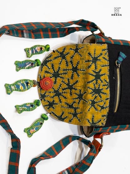 Sling Bag Gamcha And Ajrak Fabric Hand Embroided Fish Indigo  SL11