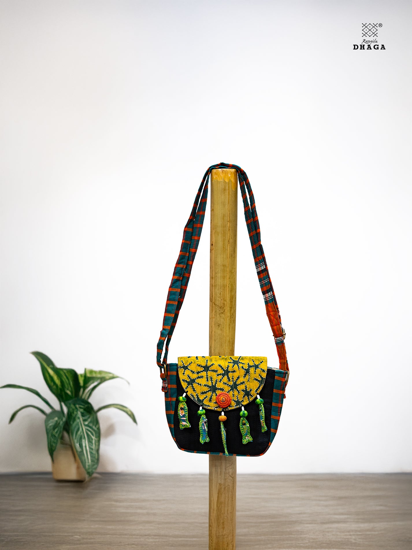 Sling Bag Gamcha And Ajrak Fabric Hand Embroided Fish Indigo  SL11
