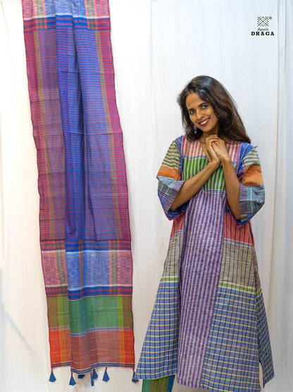 Multicolor Handloom Gamchha Free Size Dress with Pockets – Knee Length, Flared Fit D57