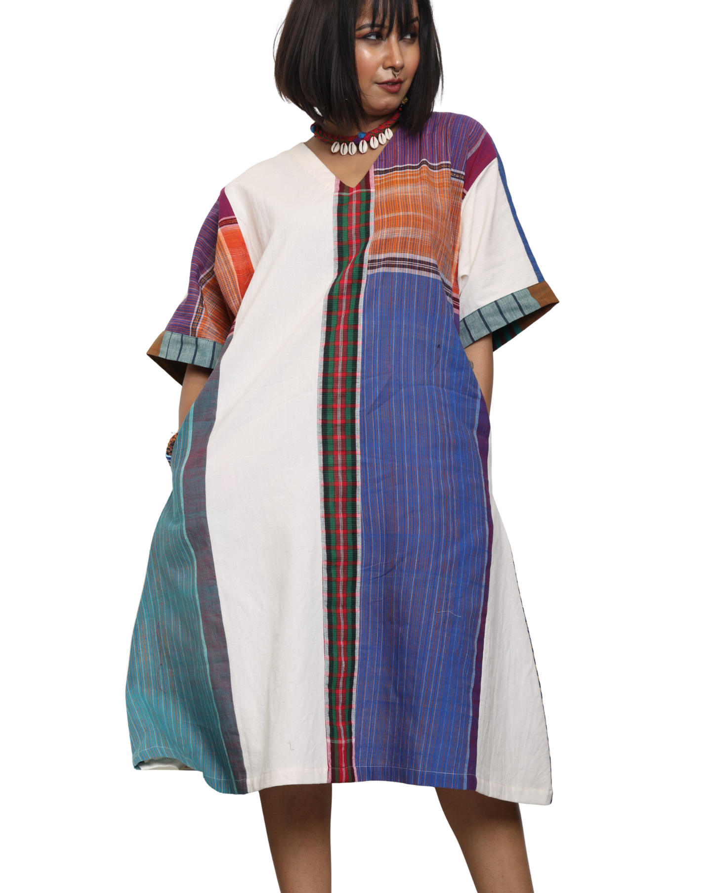 Handloom white cotton & multicolor gamcha patchwork free size dress with pockes- KD05