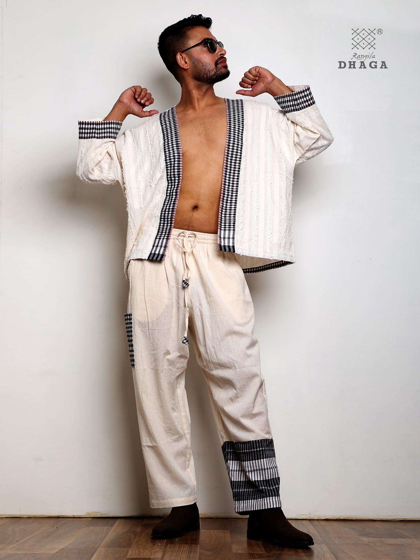 Handloom Cotton Ivory Co-Ord Set with Black White Gamcha Border & Kantha Stitch Man22