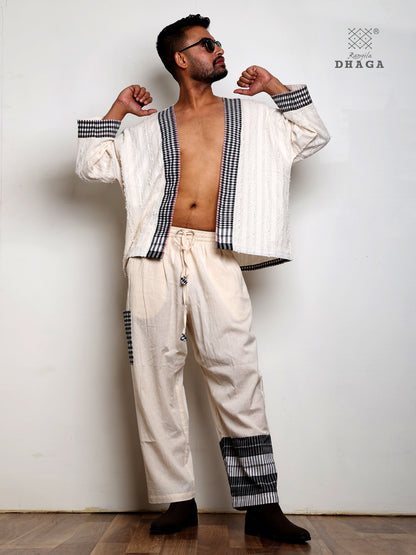Handloom Cotton Ivory Co-Ord Set with Black White Gamcha Border & Kantha Stitch Man22