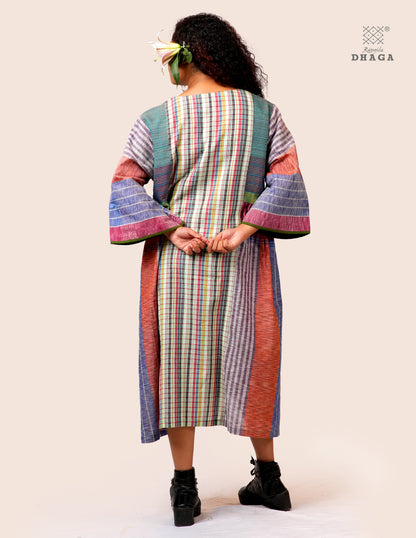Hand Embroidered Multicolor Handloom Gamcha Dress | Artisan Cotton Dress | Rangila Dhaga | Rangila Dhaga KD005