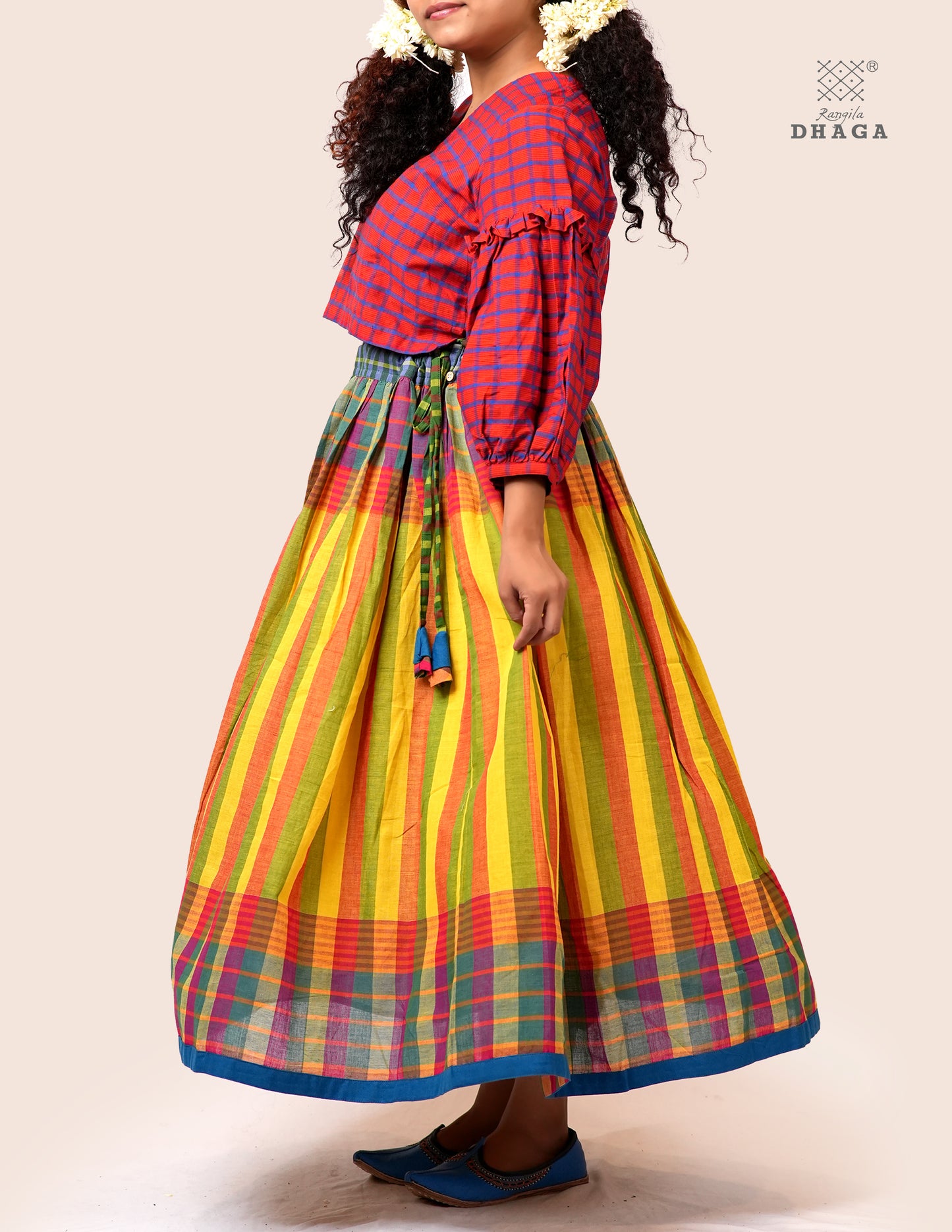 Handloom Gamcha Pleated  Skirt  | Multicolor | Rangila Dhaga   - GS003