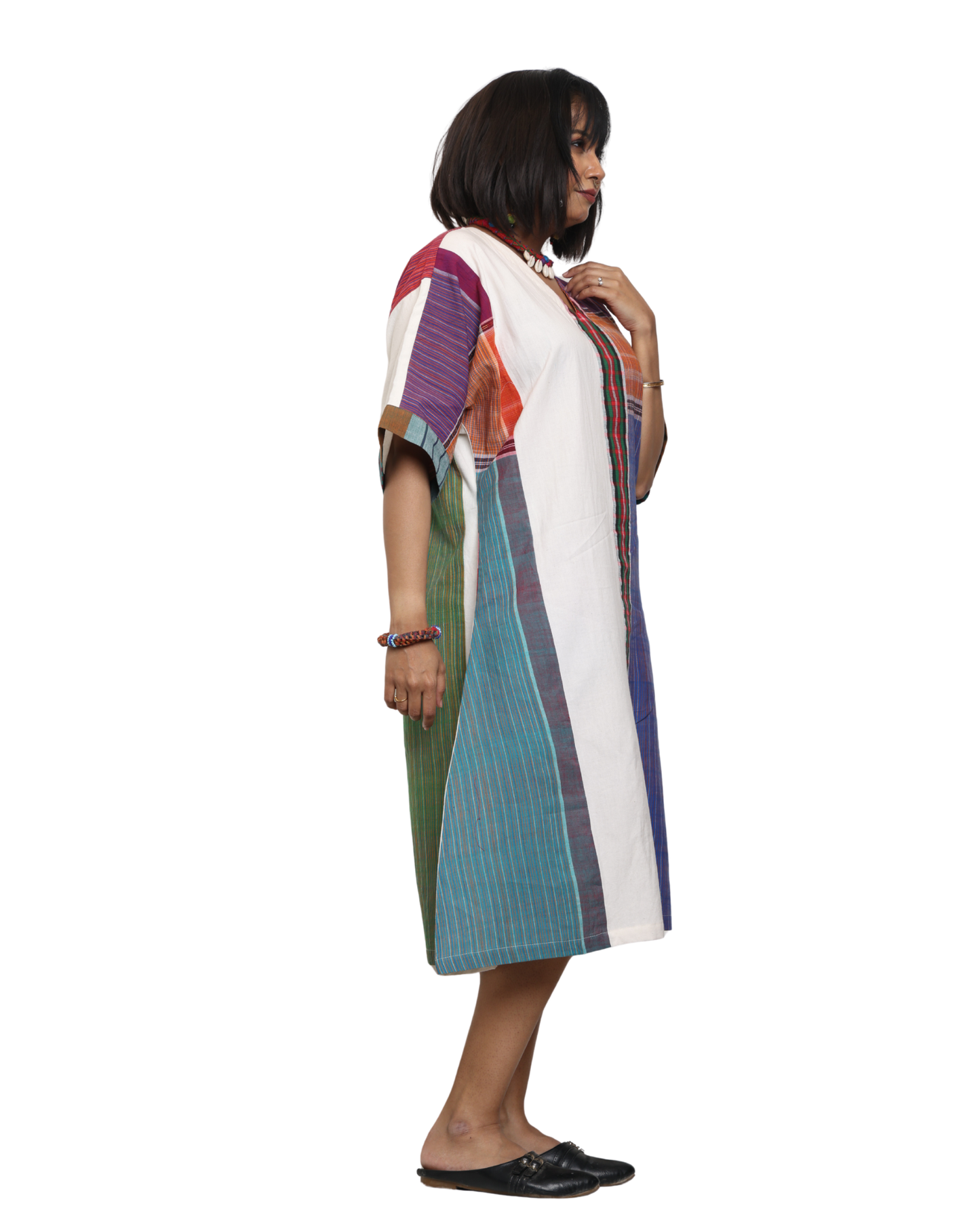Handloom white cotton & multicolor gamcha patchwork free size dress with pockes- KD05