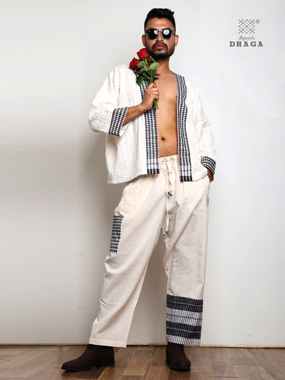 Handloom Cotton Ivory Co-Ord Set with Black White Gamcha Border & Kantha Stitch Man22