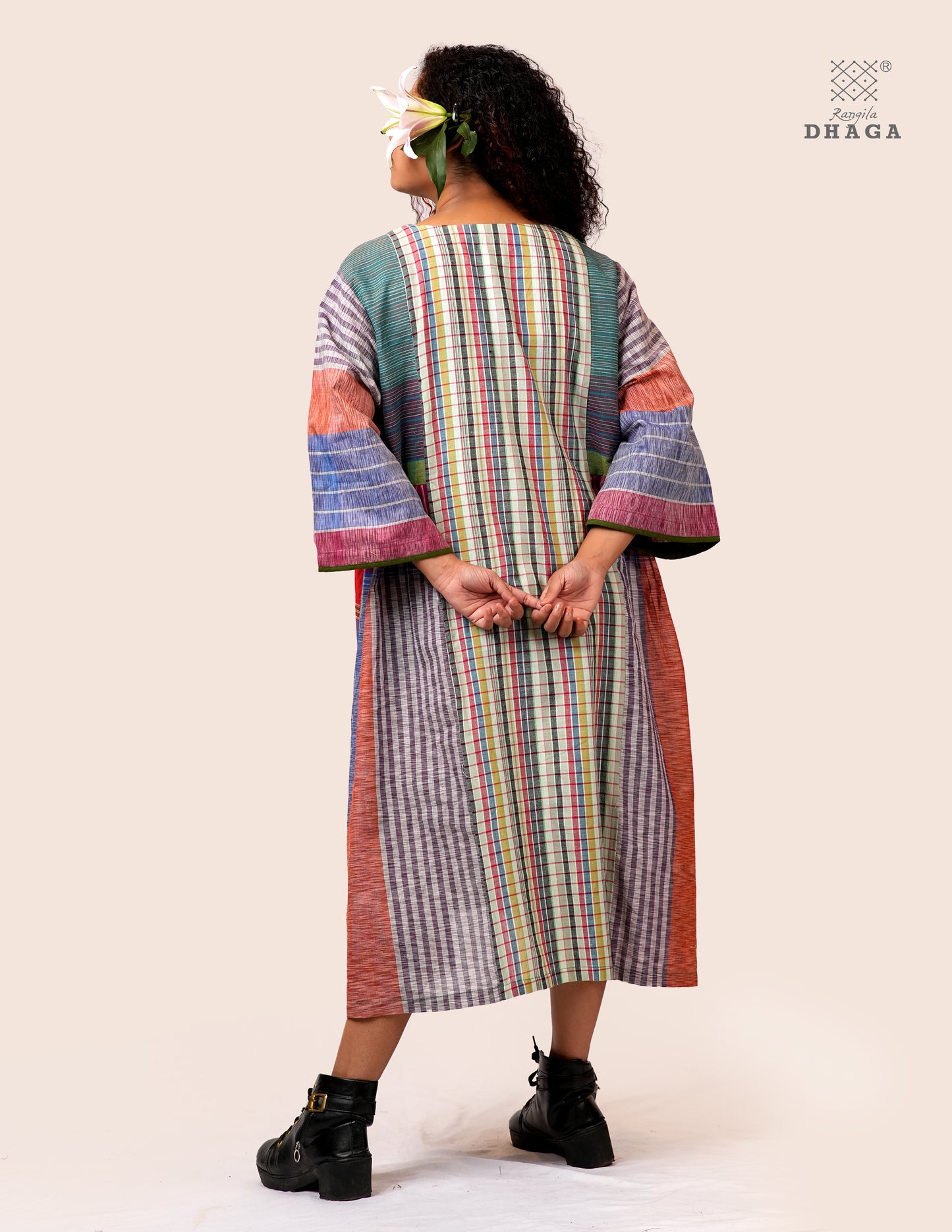 Hand Embroidered Multicolor Handloom Gamcha Dress | Artisan Cotton Dress | Rangila Dhaga | Rangila Dhaga KD005