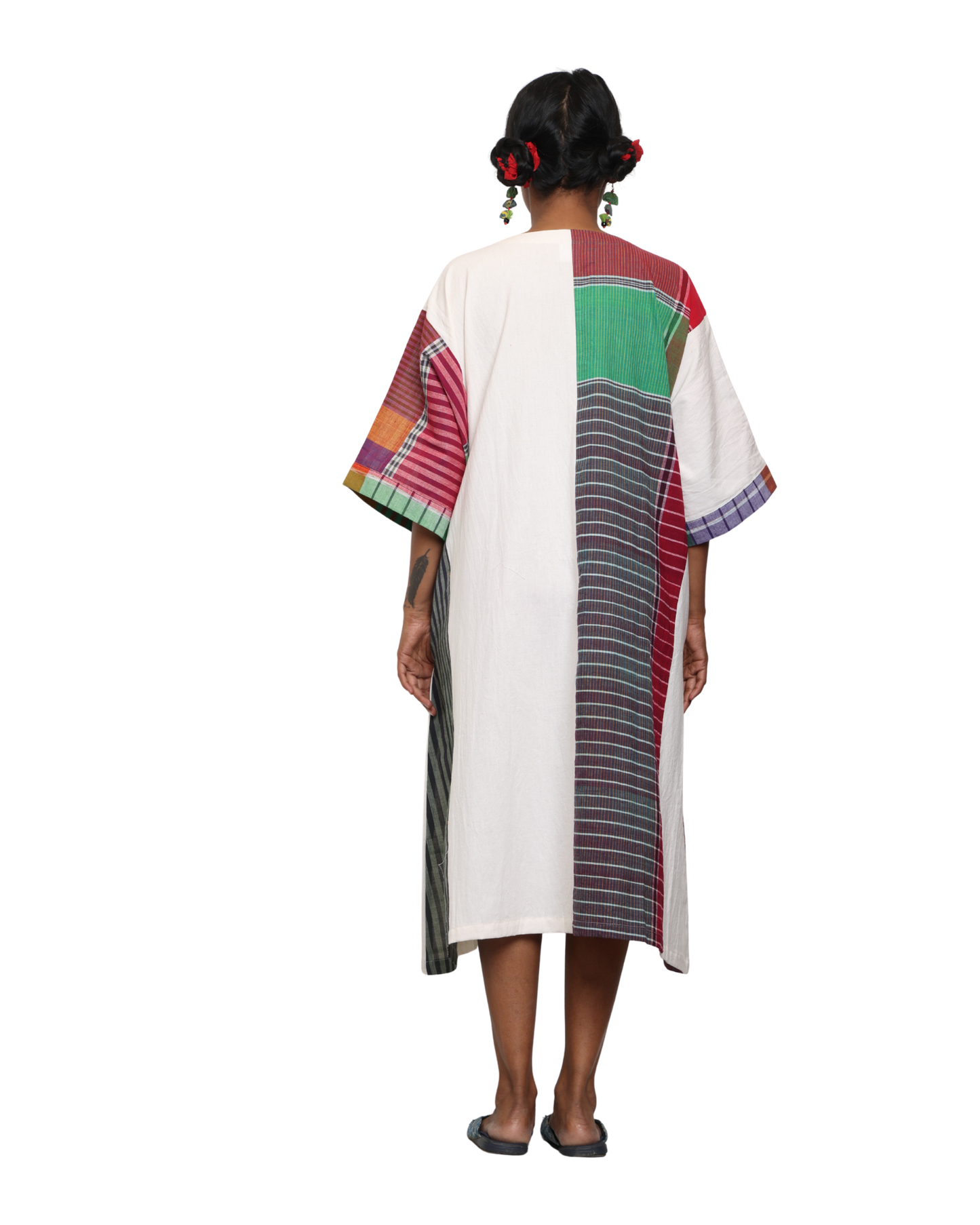 Handloom white cotton & multicolor gamcha patchwork free size dress with pockes- KD04