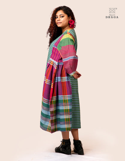 Hand Embroidered Multicolor Handloom Gamcha Dress | Artisan Cotton Dress | Rangila Dhaga | Rangila Dhaga KD006