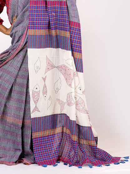 Hand-Embroidered Fish-Fishy Handloom Gamcha Patchwork Kantha Stitch Saree |  Includes Blouse Piece GS125