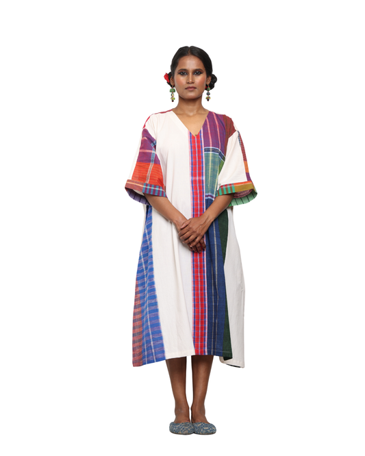 Handloom white cotton & multicolor gamcha patchwork free size dress with pockes- KD04