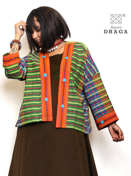 Handembroidered kantha stitch gamcha free size short jaket with hand embroidered flower desing border