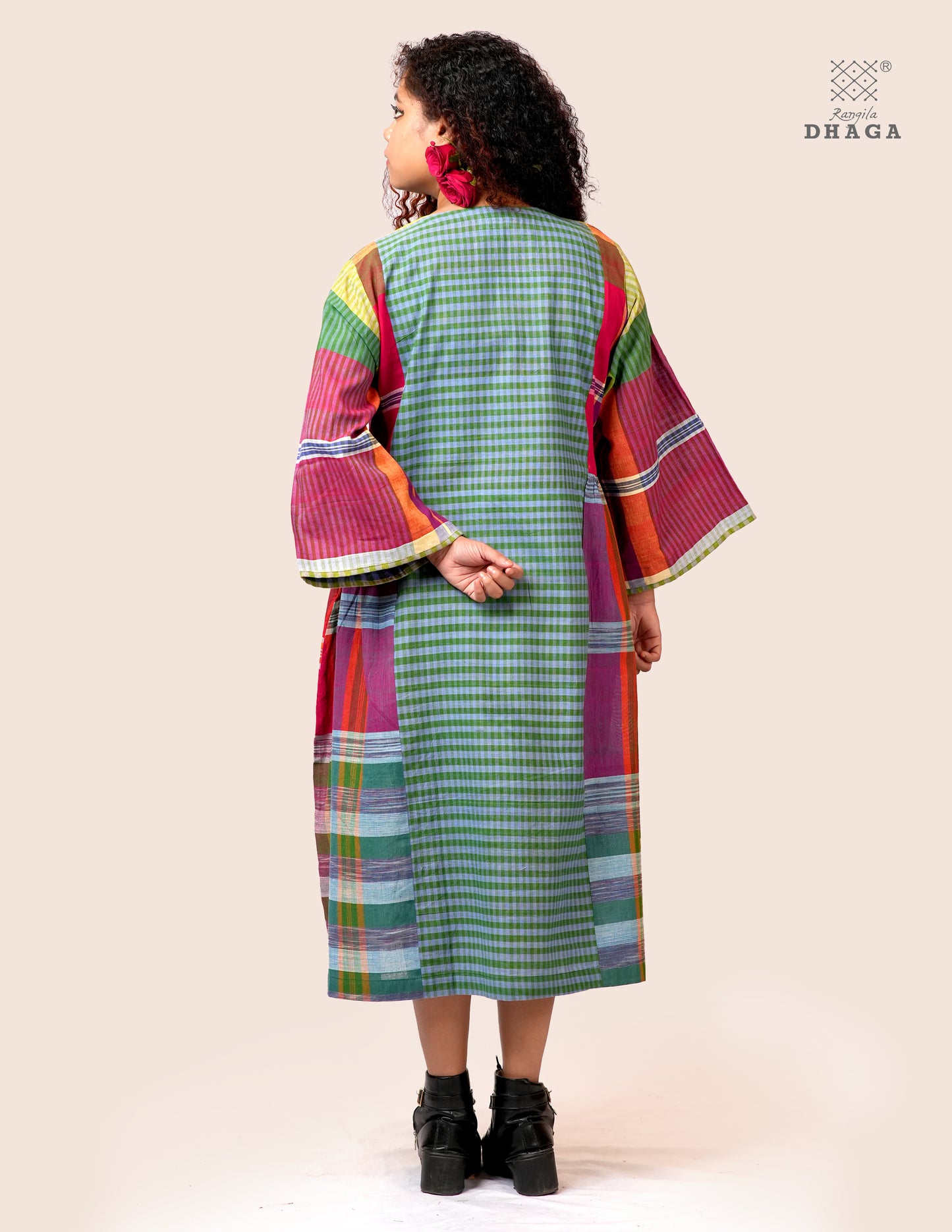 Hand Embroidered Multicolor Handloom Gamcha Dress | Artisan Cotton Dress | Rangila Dhaga | Rangila Dhaga KD006