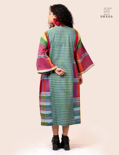 Hand Embroidered Multicolor Handloom Gamcha Dress | Artisan Cotton Dress | Rangila Dhaga | Rangila Dhaga KD006