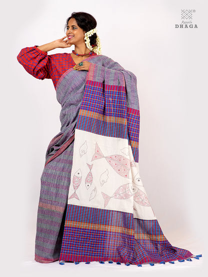 Hand-Embroidered Fish-Fishy Handloom Gamcha Patchwork Kantha Stitch Saree |  Includes Blouse Piece GS125